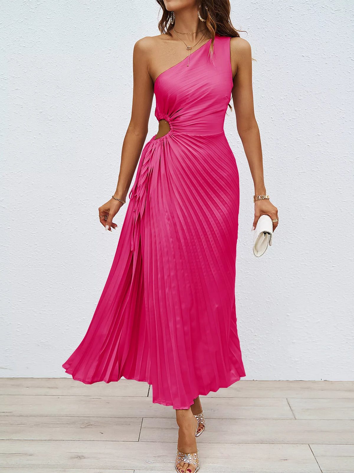 One-Shoulder Cutout Pleated Midi Dress, front view