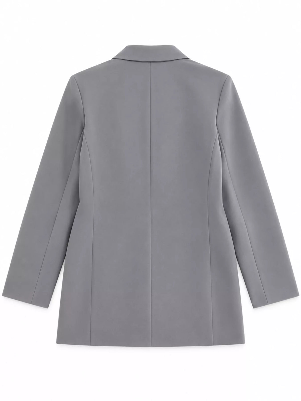 Gray double-breasted lapel collar blazer, back view