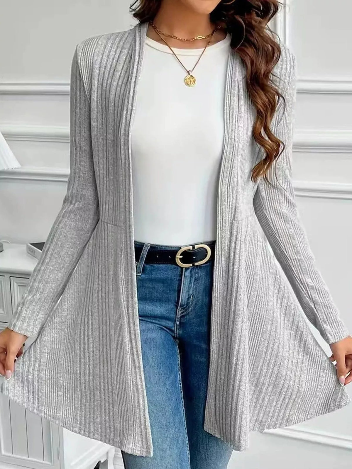 Gray ribbed knit open front cardigan