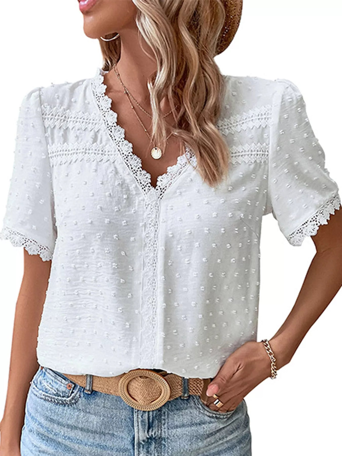 White swiss dot v-neck blouse with lace trim