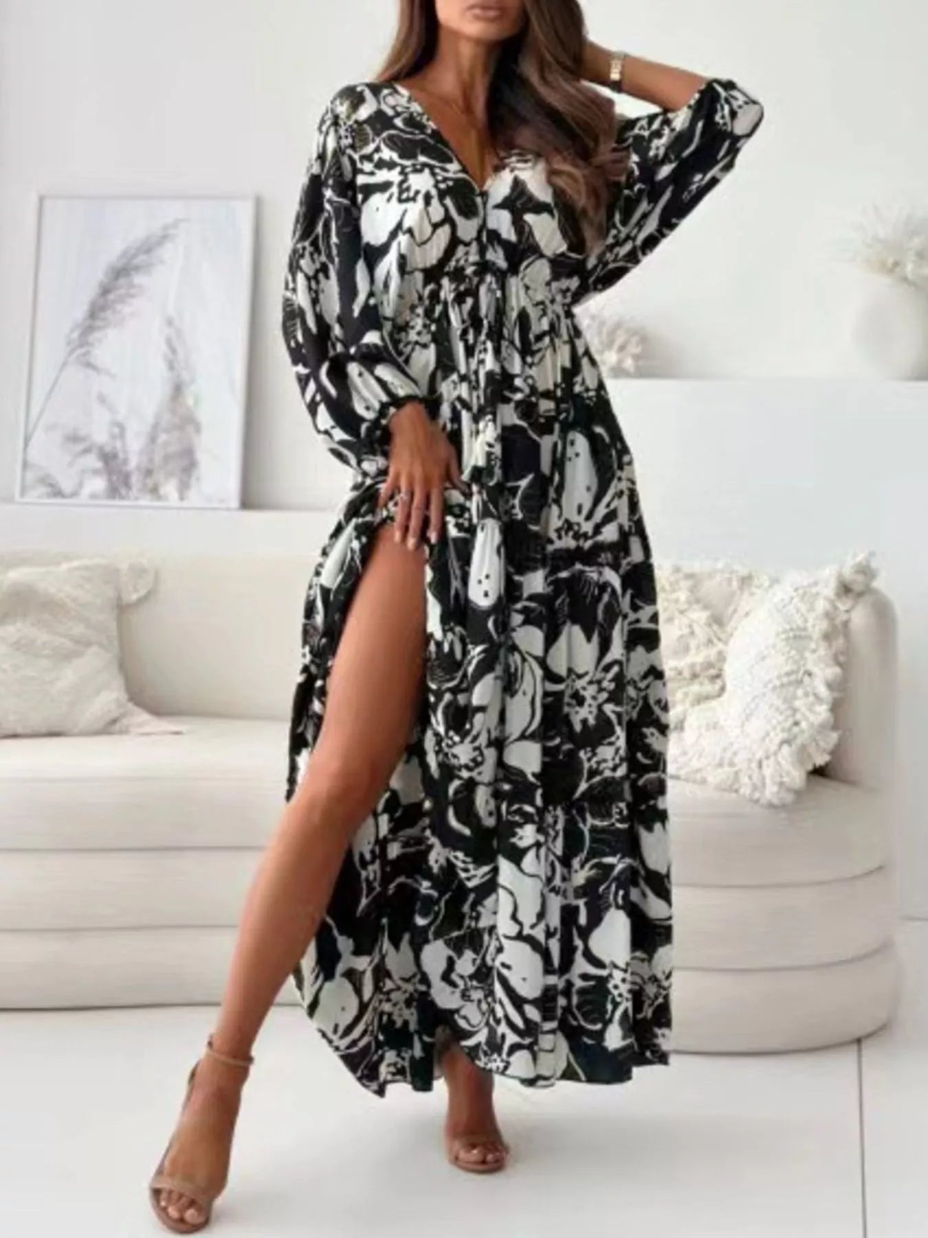 Trendsi Printed V-Neck Balloon Sleeve Slit Maxi Dress -
