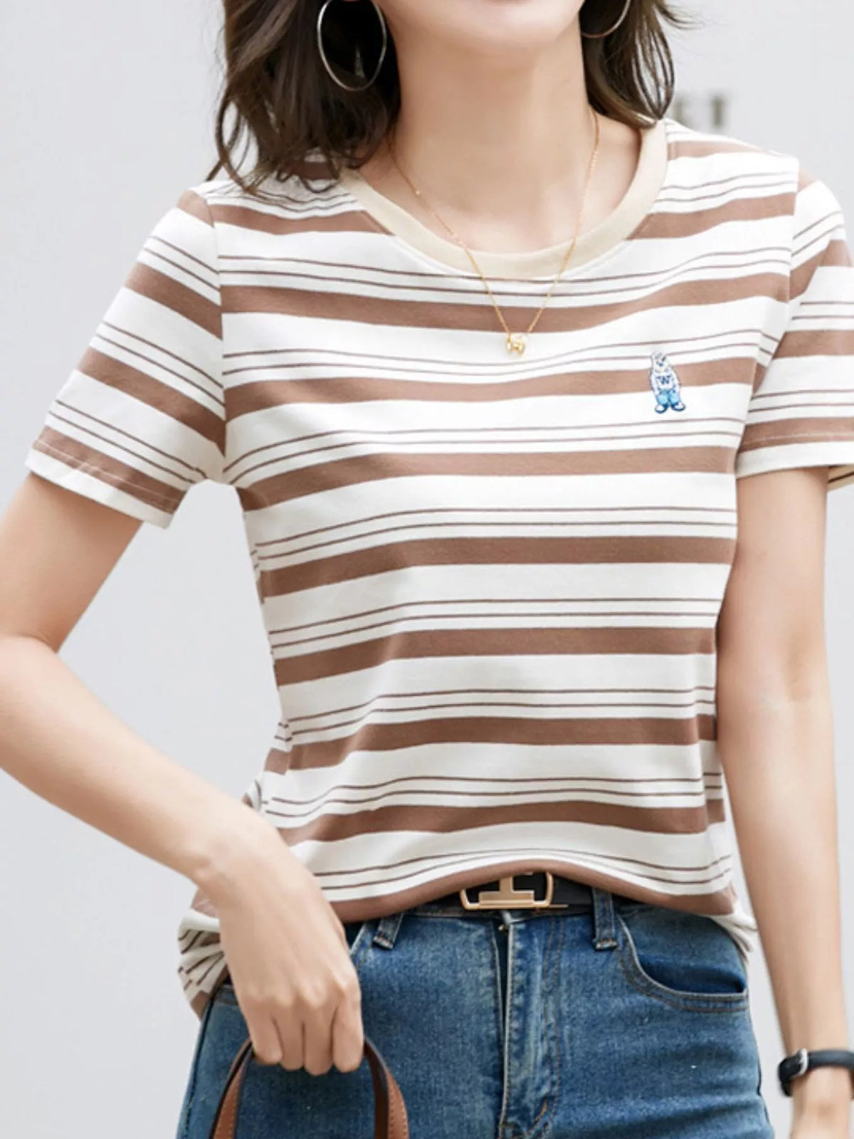 Coffee - Striped striped crew neck embroidered t-shirt