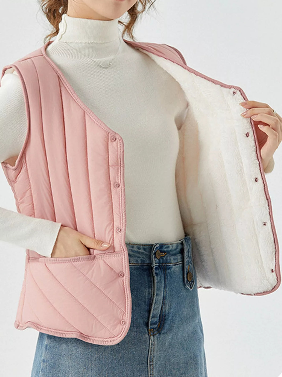 Quilted Button Up Vest in pink, front view