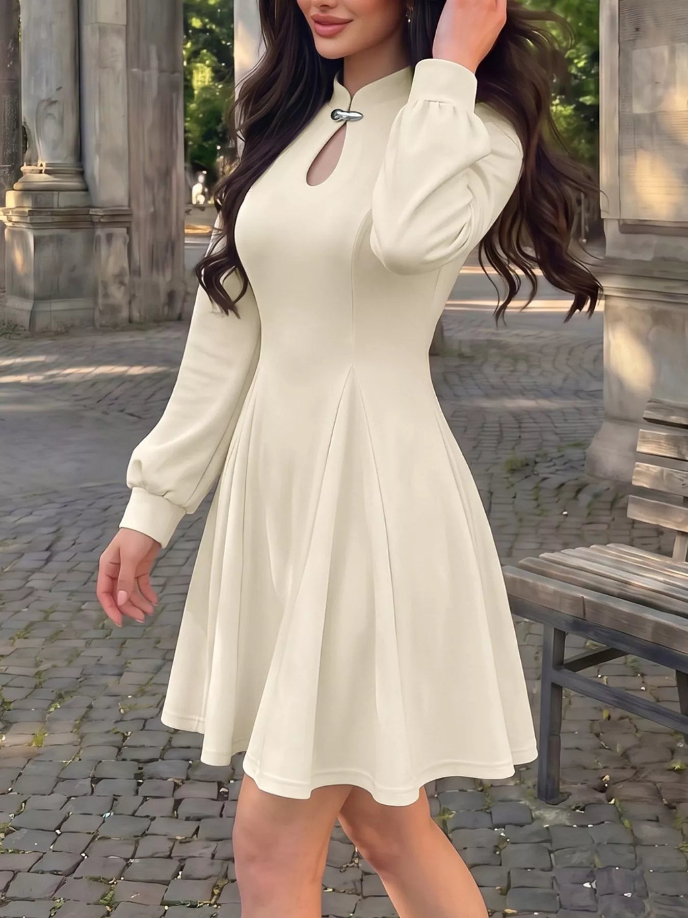 Trendsi Keyhole Neckline Long Sleeve A-Line Mini Dress -