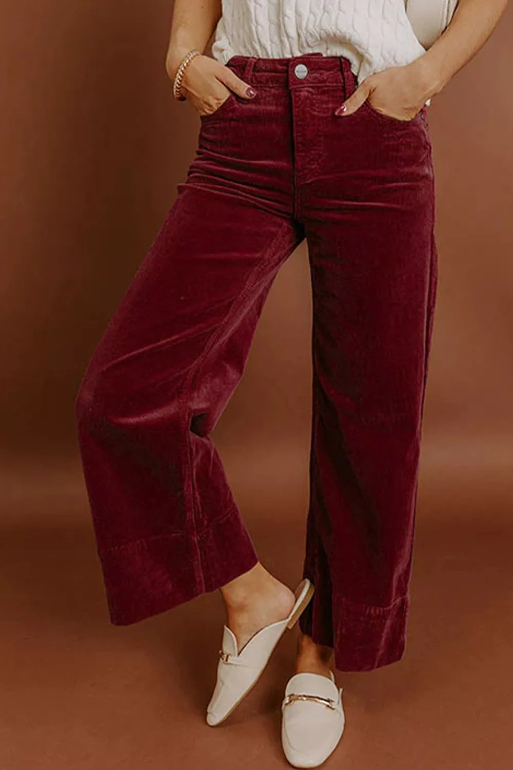Trendsi Corduroy Solid Color High Waist Wide Leg Pants -