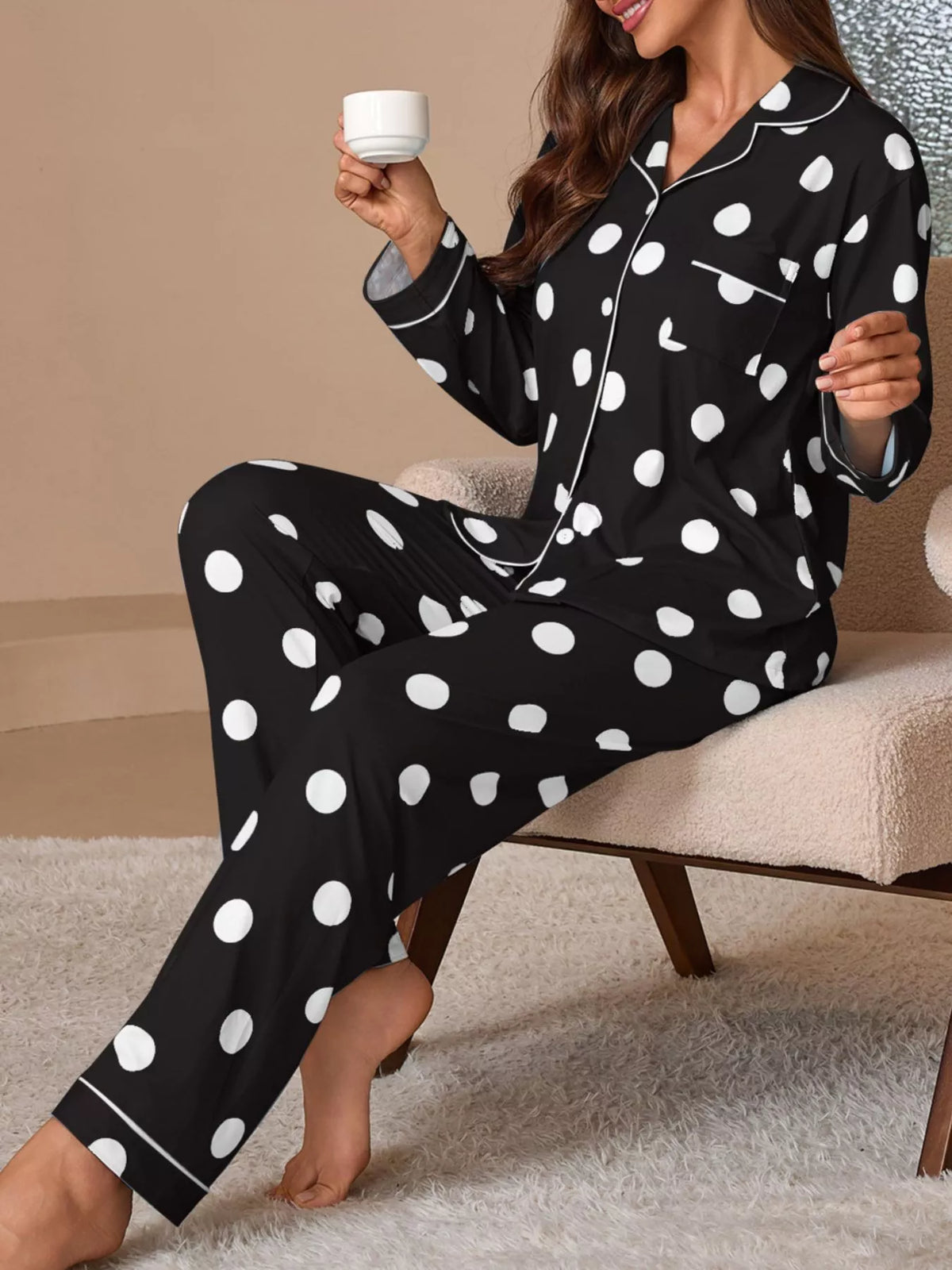Trendsi Polka Dot Button-Down Top and Pants Lounge Set -