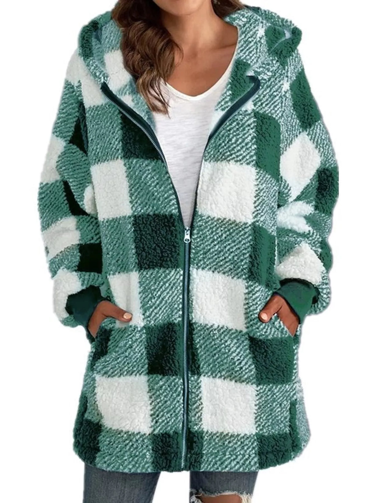 Green and white plaid sherpa hooded zip up jacket, front view