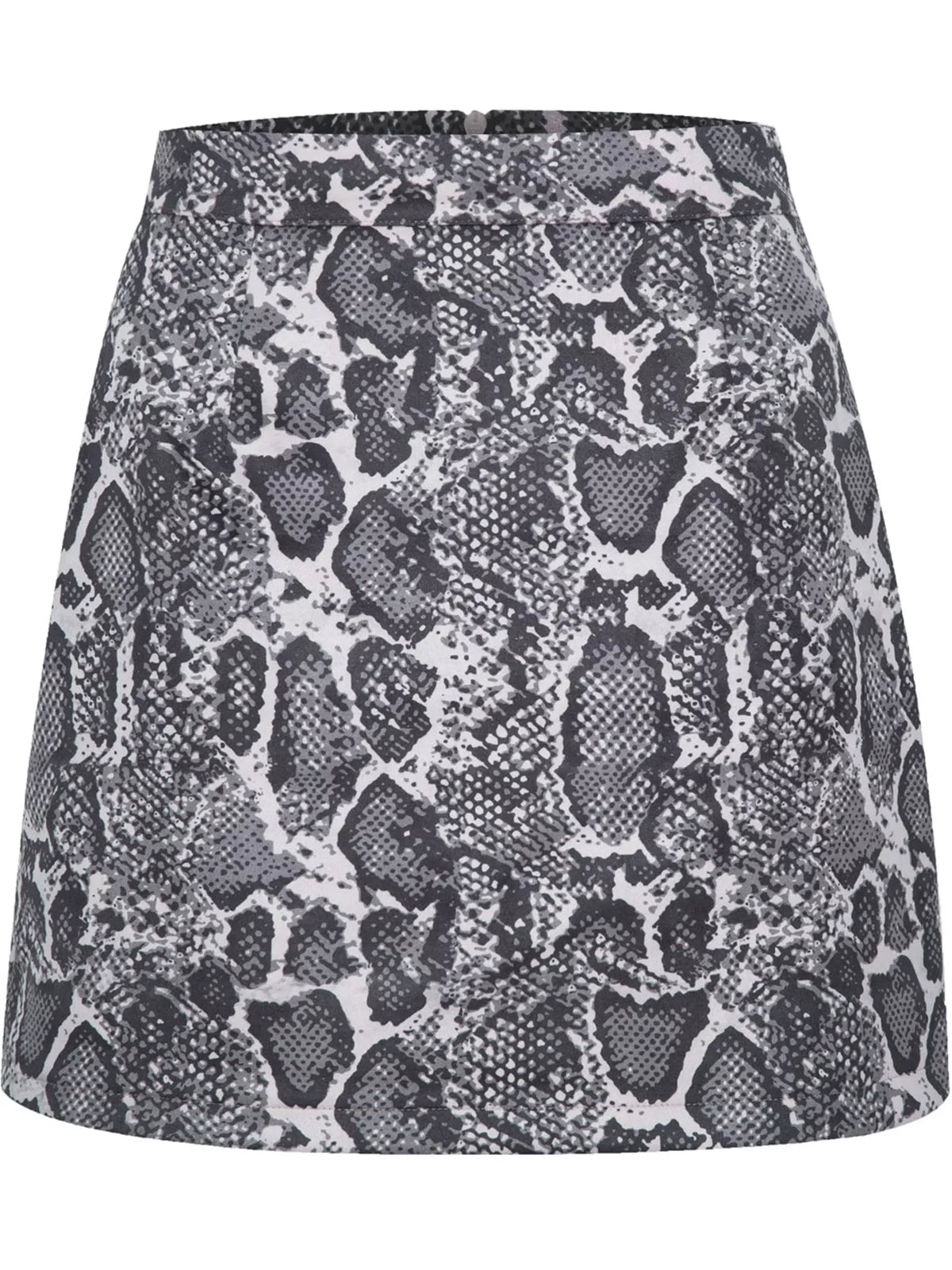 Zip-up mini skirt, gray snakeskin-print flat front