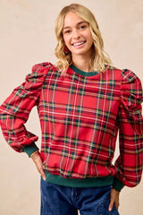 Trendsi BiBi Christmas Plaid Exaggerated Shoulder Sleeves Top -
