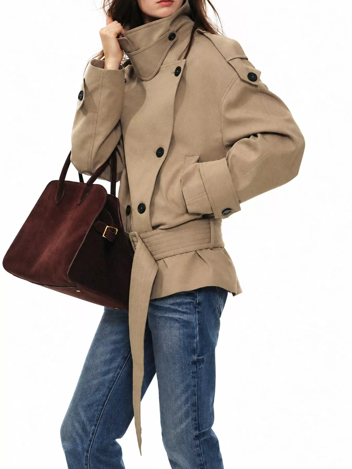 Women's Belted Waist Button Up Trench Jacket in beige — front view