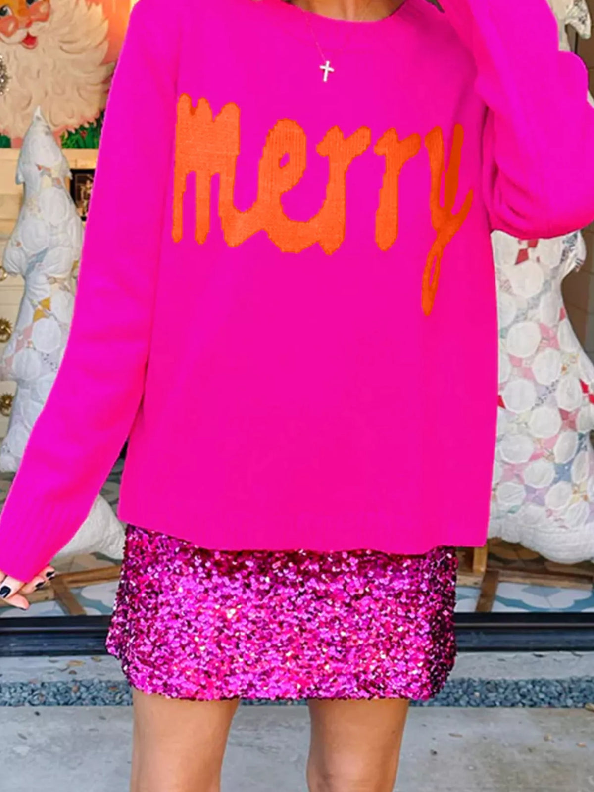 Merry sweater, pink orange-lettering front