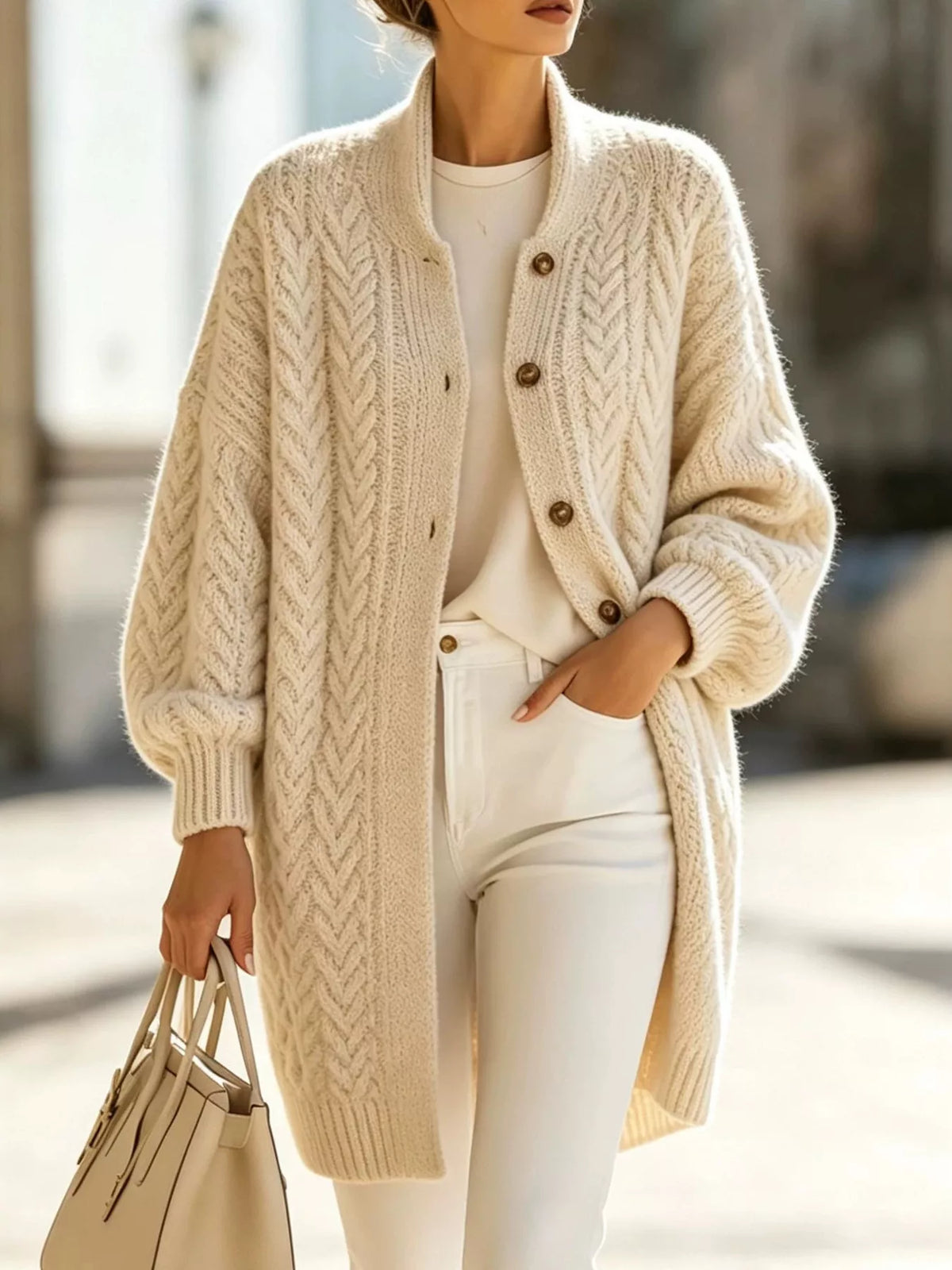 Round neck long sleeve cardigan, front view on model