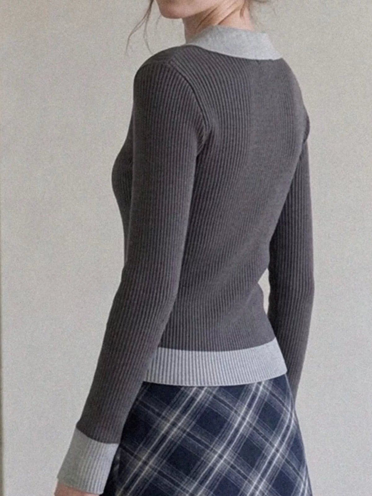 Contrast Collar Ribbed Knit Top with Button Detail, back view in gray