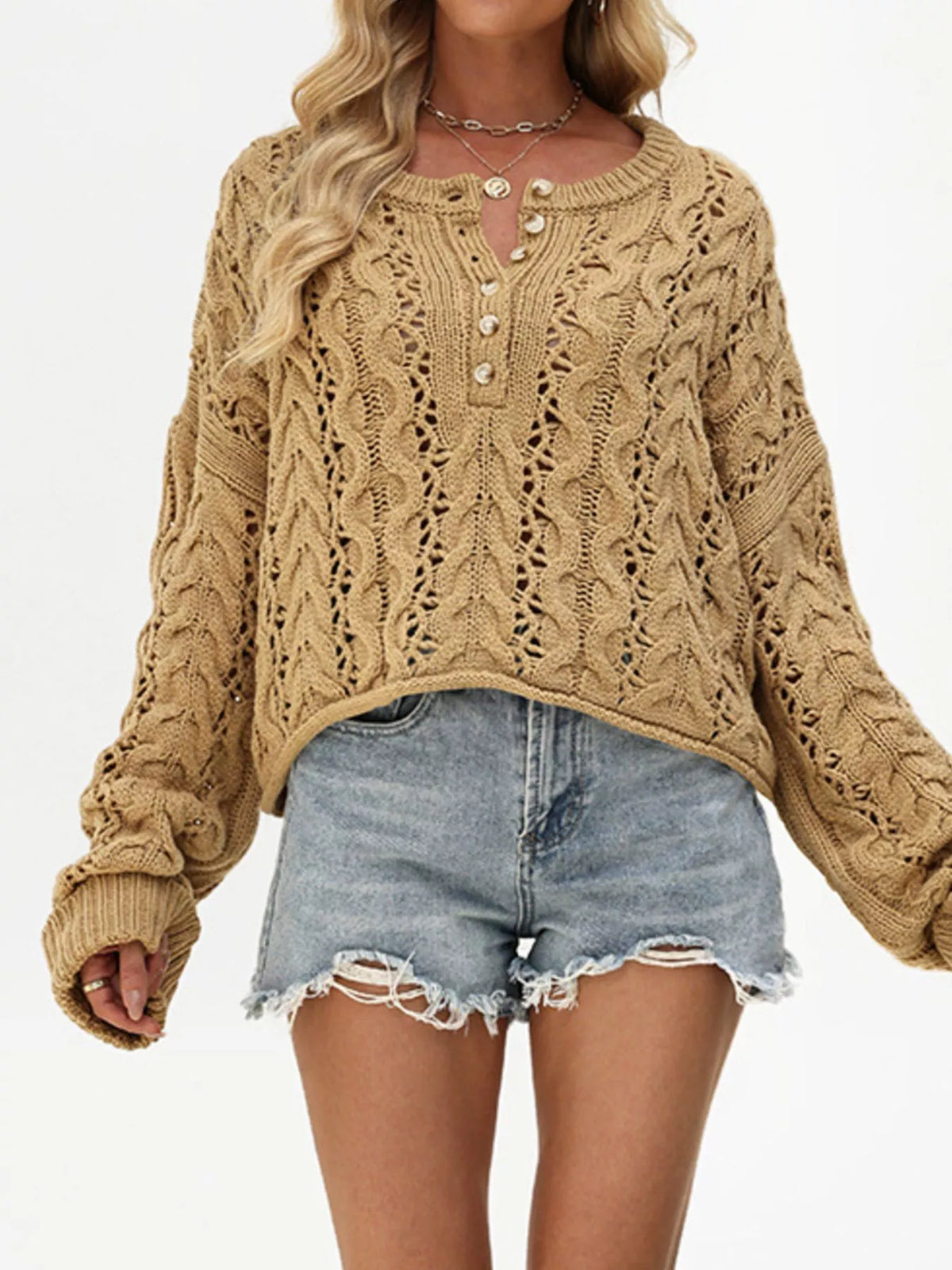 Trendsi Chic Cable Knit Half-Button Openwork Sweater -