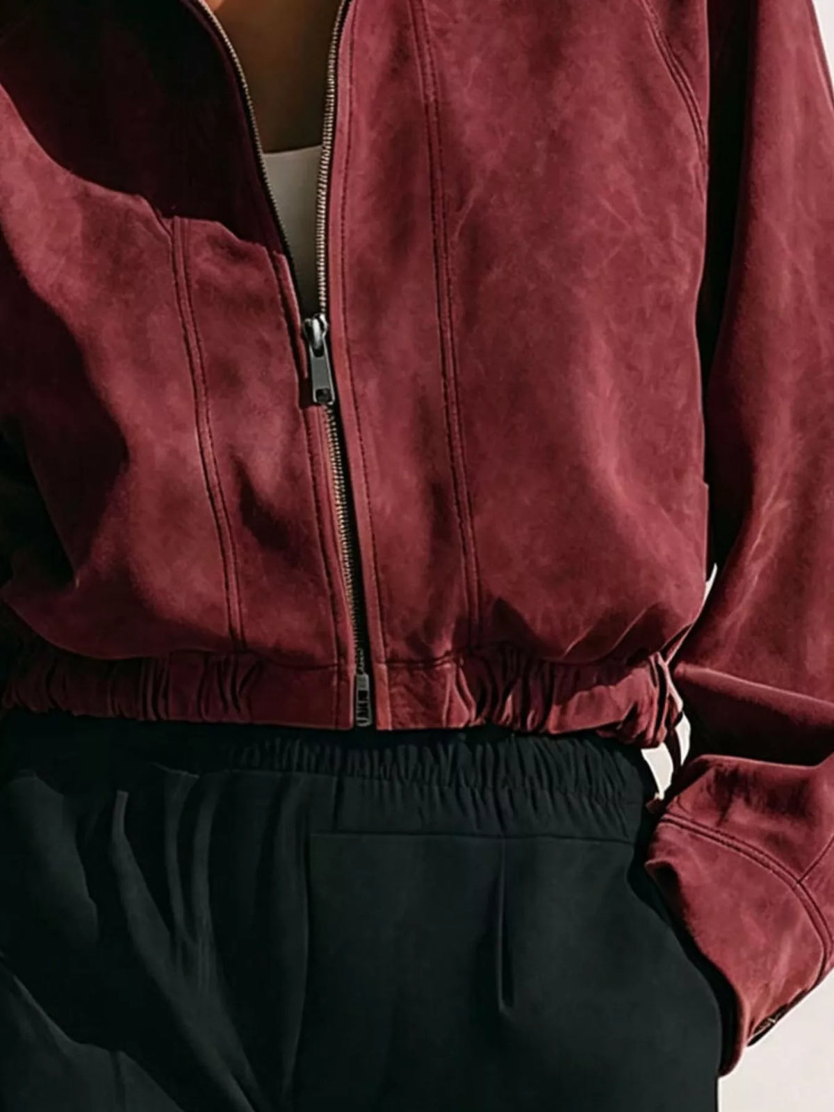 Faux Suede Zip-Up Stand Collar Cropped Jacket, hem detail