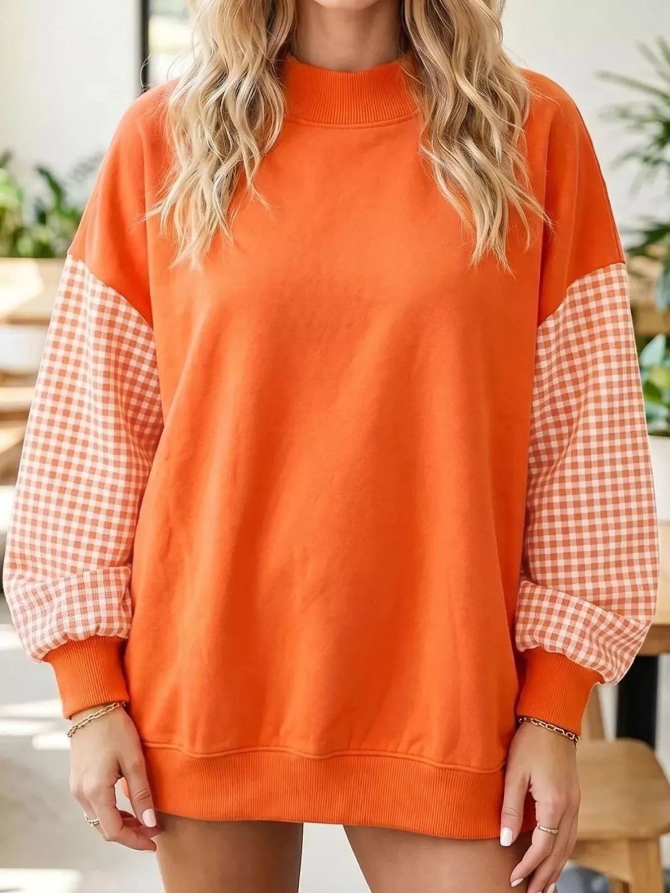 Trendsi Gingham Sleeves Round Neck Sweatshirt -