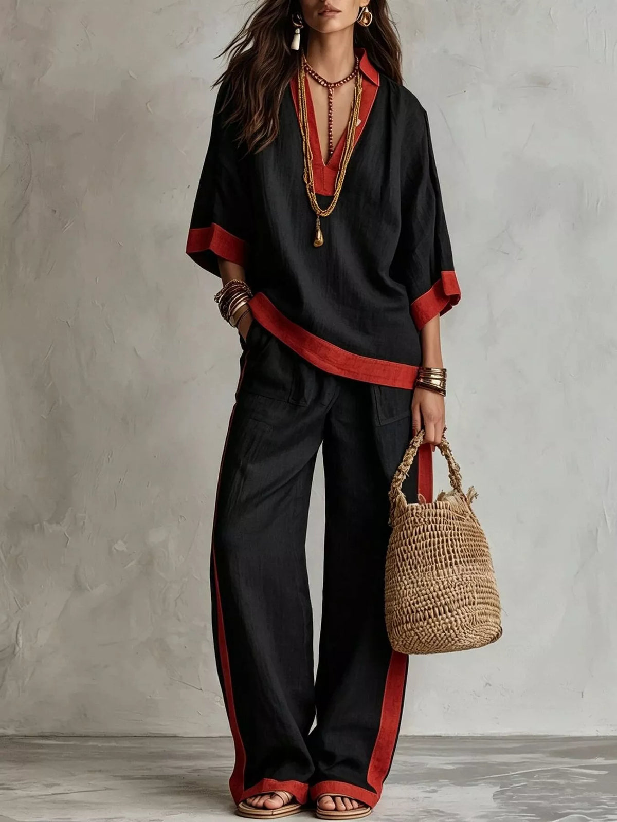 Contrast Trim Top and Wide Leg Pants Set in black, top detail