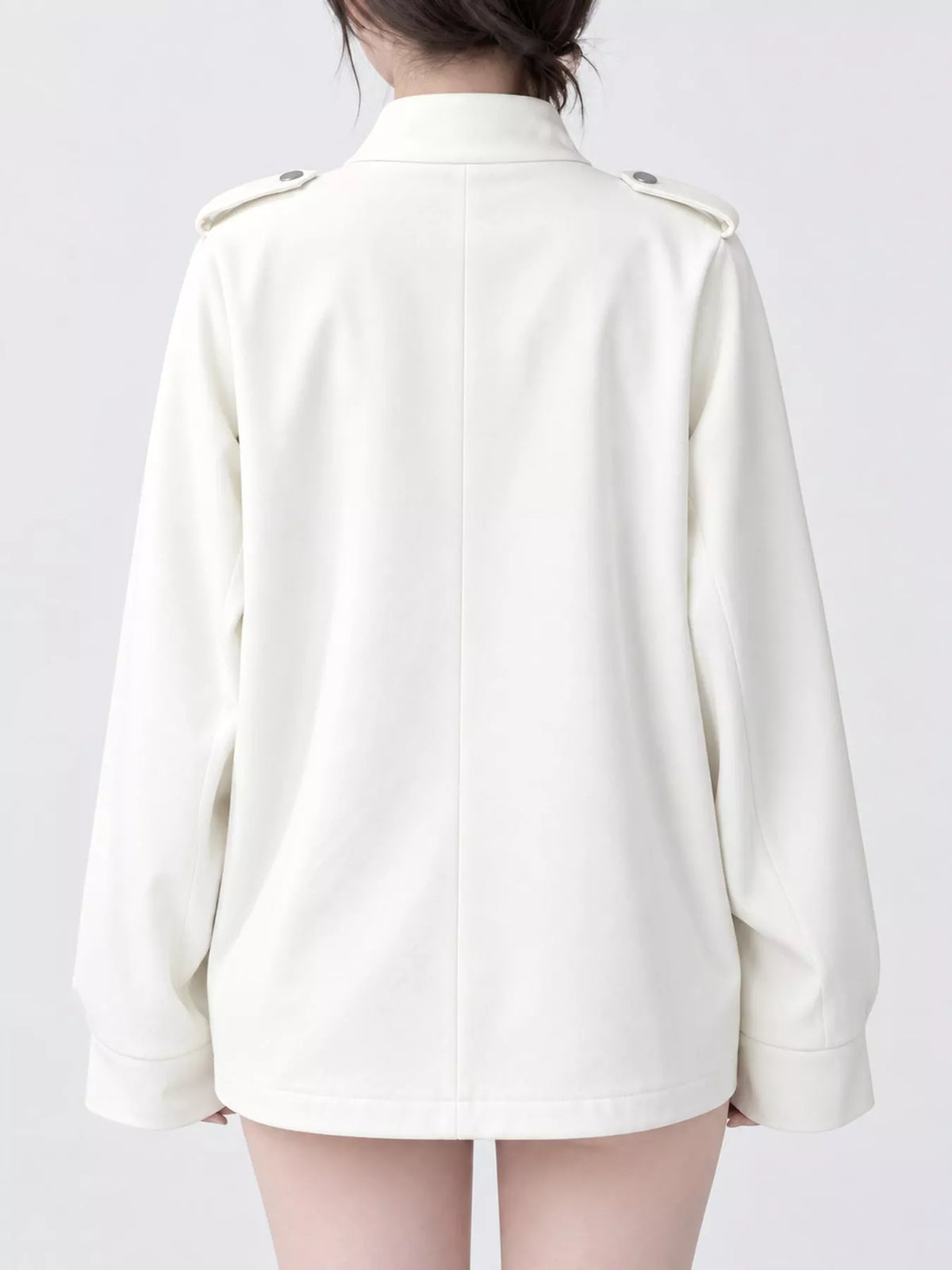 Cream asymmetric zip-up moto-style jacket, back view