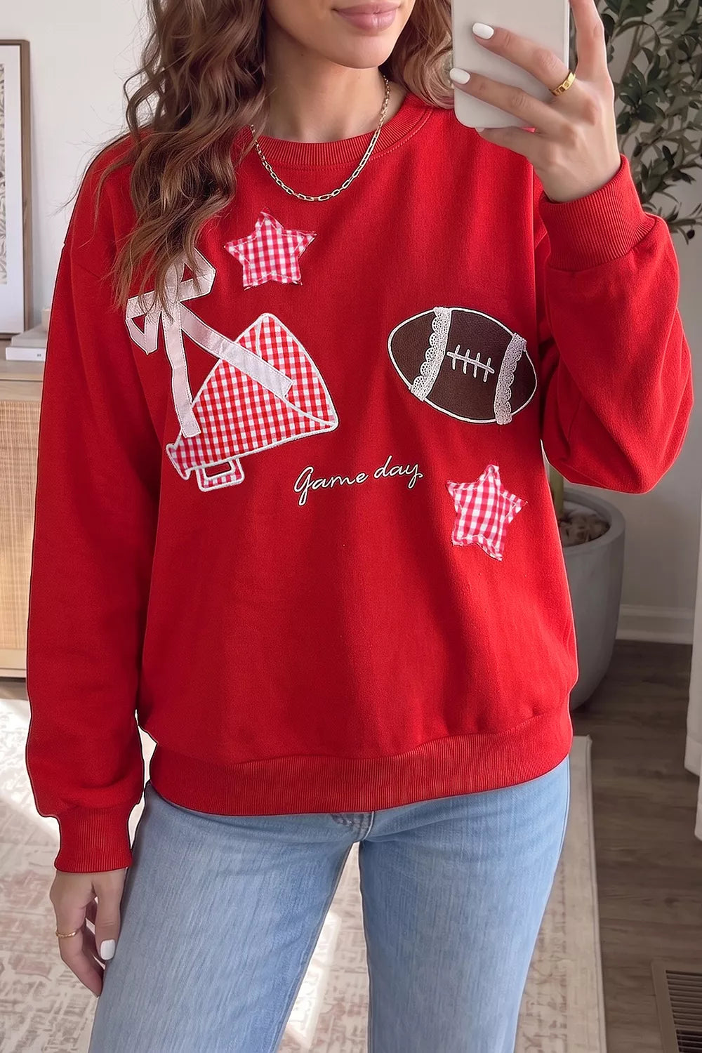 Trendsi Gingham Patch Embroidered Rugby Game Day Stars Sweatshirt -