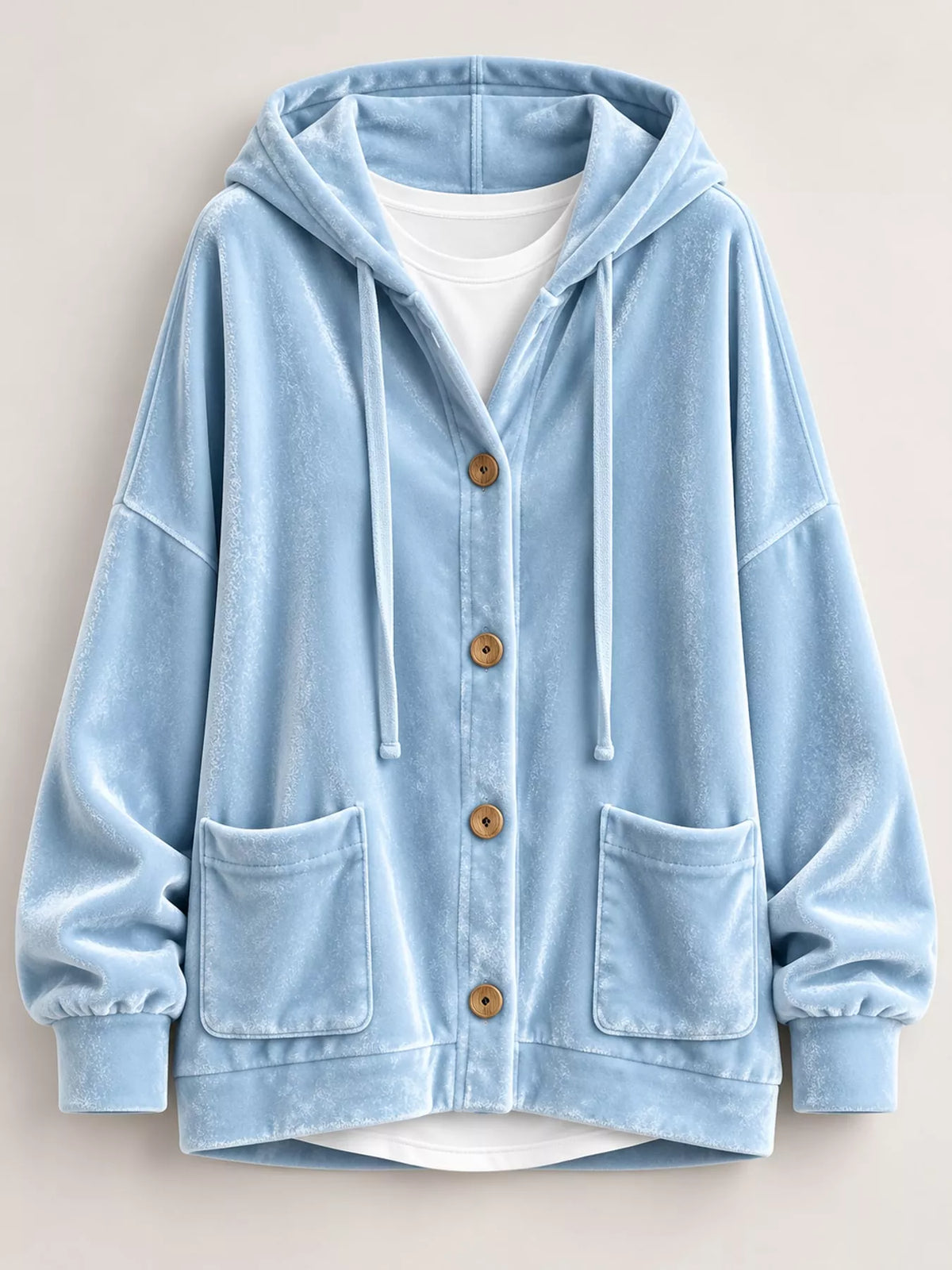 Light blue velvet dropped shoulder hoodie, front view