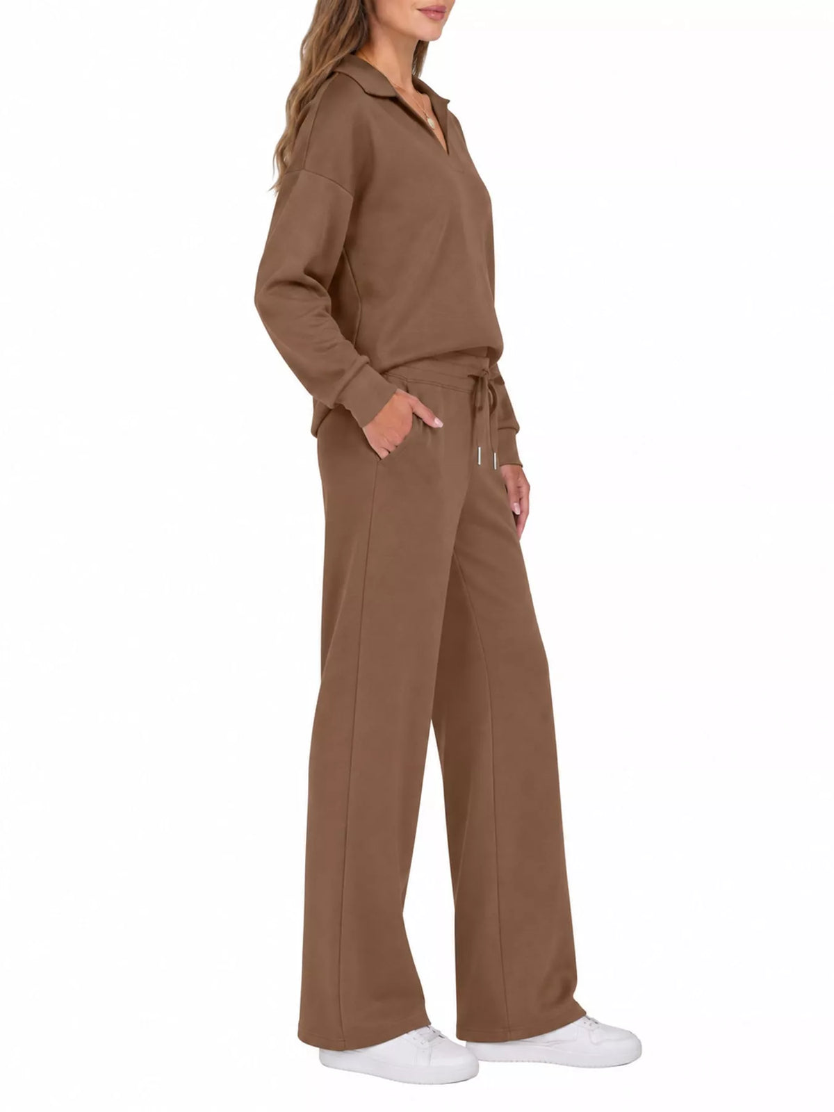 Top and drawstring pants set, brown side