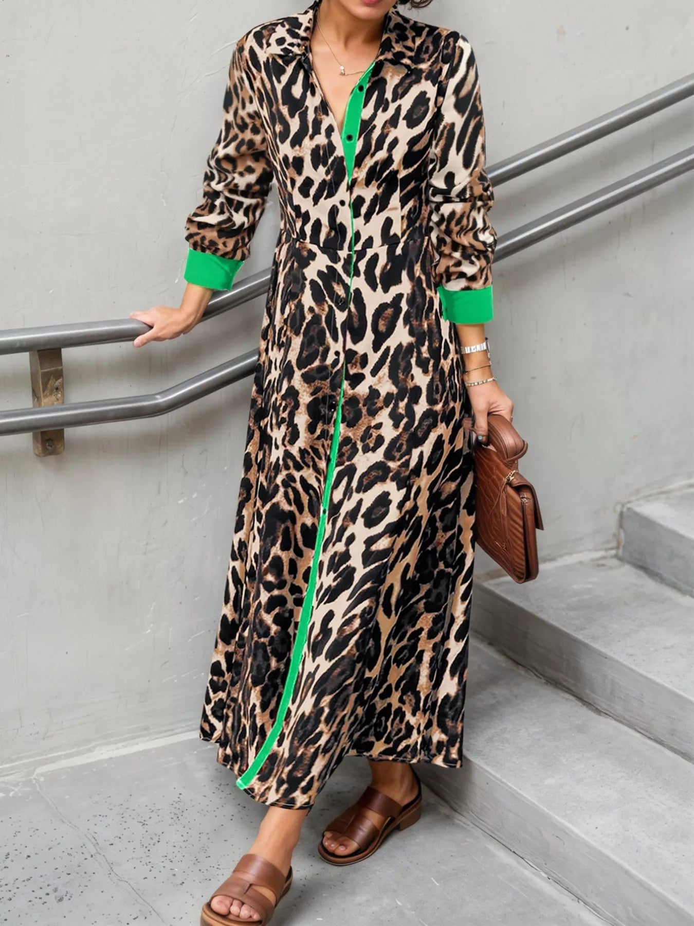 Trendsi Leopard Print Long Sleeve Shirt Dress with Contrast Trim -