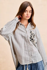 Trendsi BiBi Flower Jacquard Knit Patch Pocket Stripe Shirt -