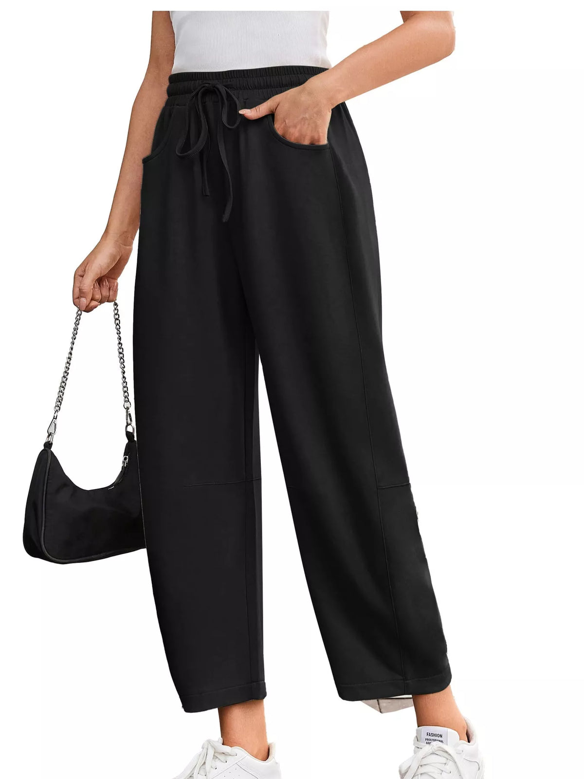 Wide-Leg Active Pants with Drawstring — front view