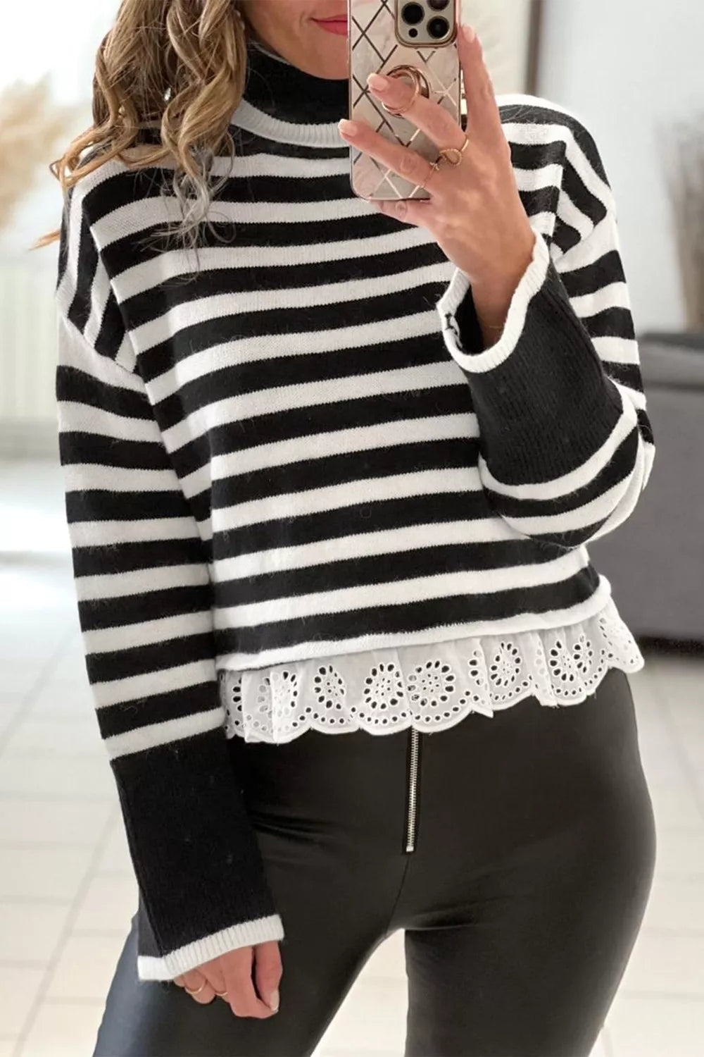 Women's Striped Ruffle-Trim Sweater — front product view