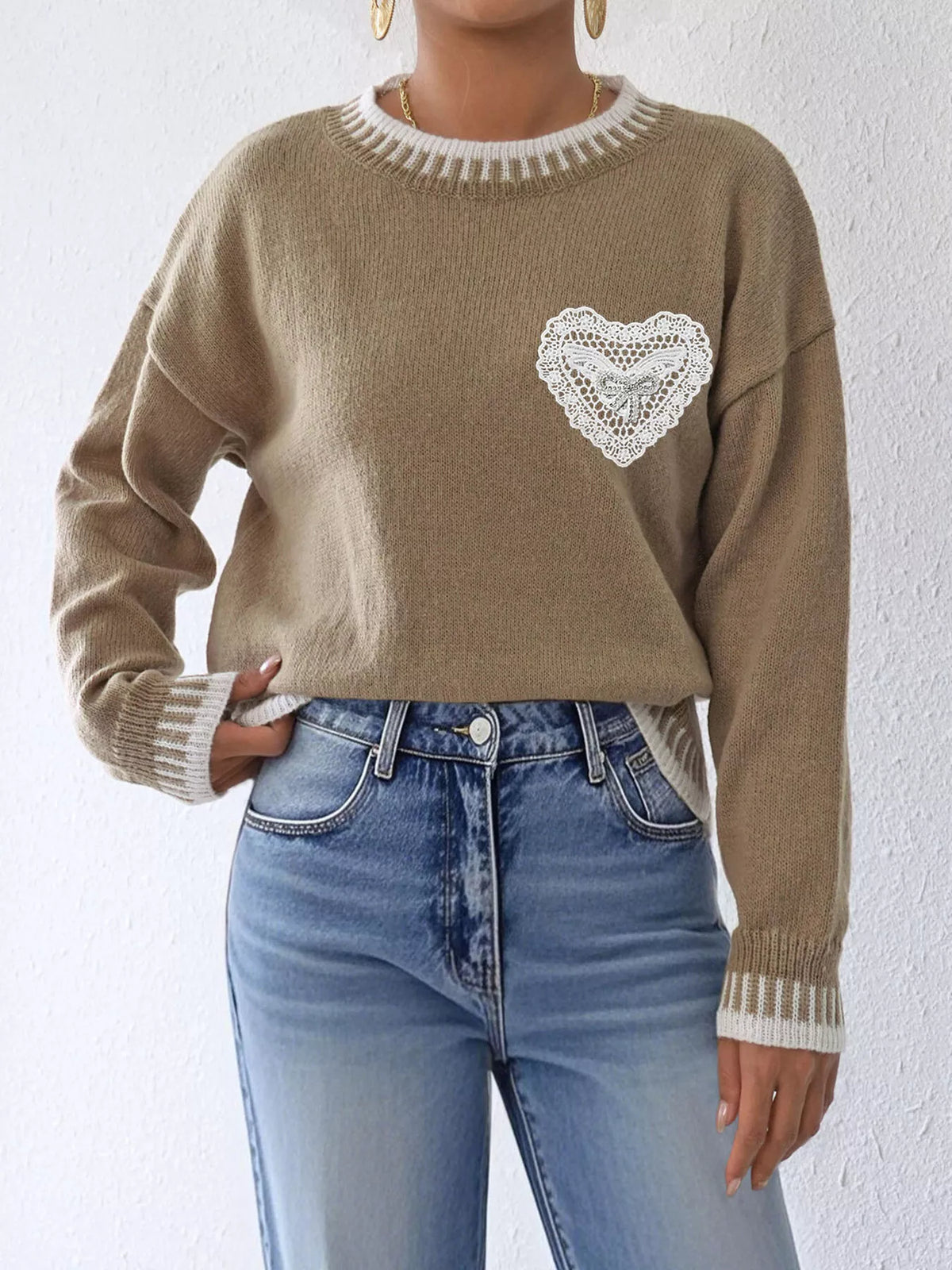 Trendsi Lace Heart Contrast Trim Sweater -