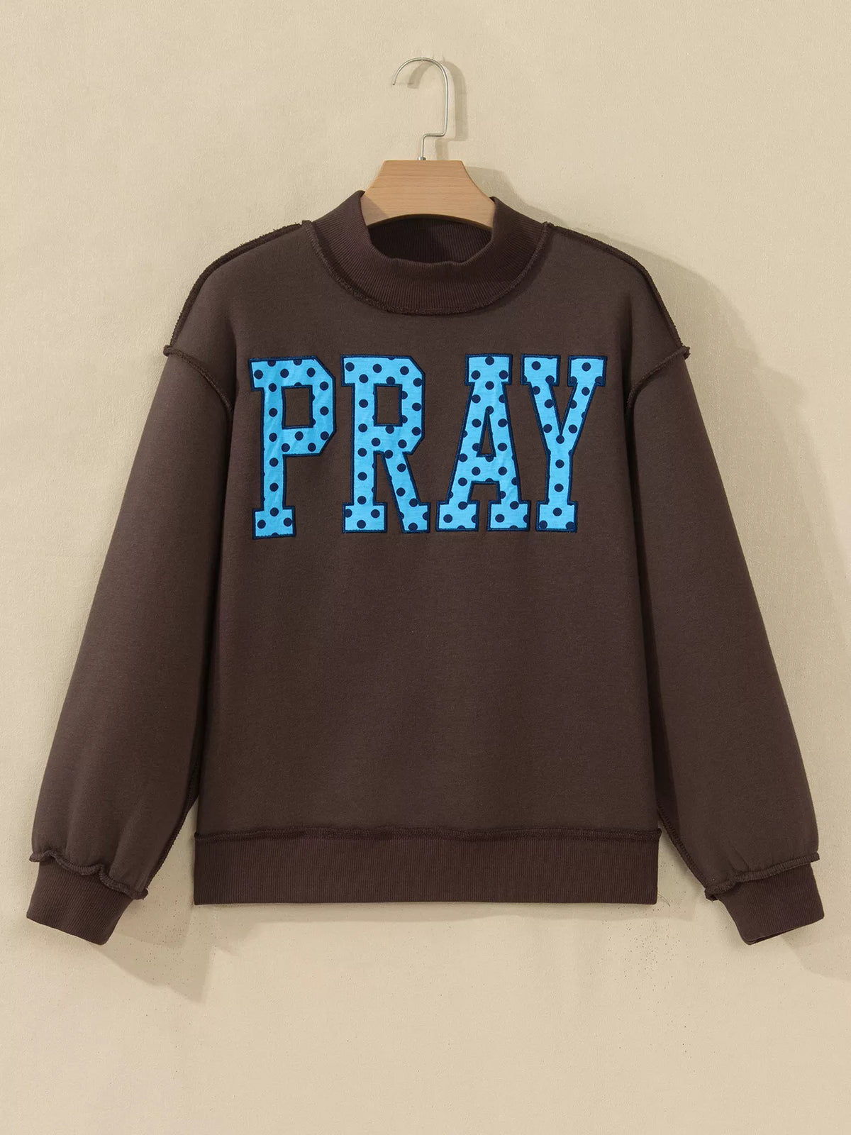 PRAY Polka Dot Embroidered Mock Neck Sweatshirt in dark brown, front view