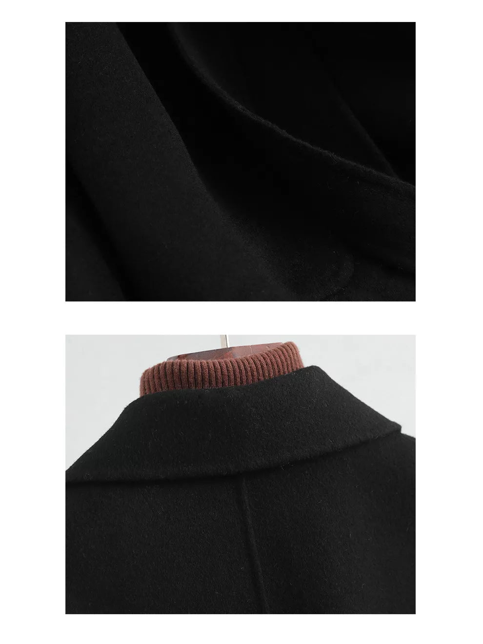 Black belted double-sided wool coat, patch pocket and back collar details