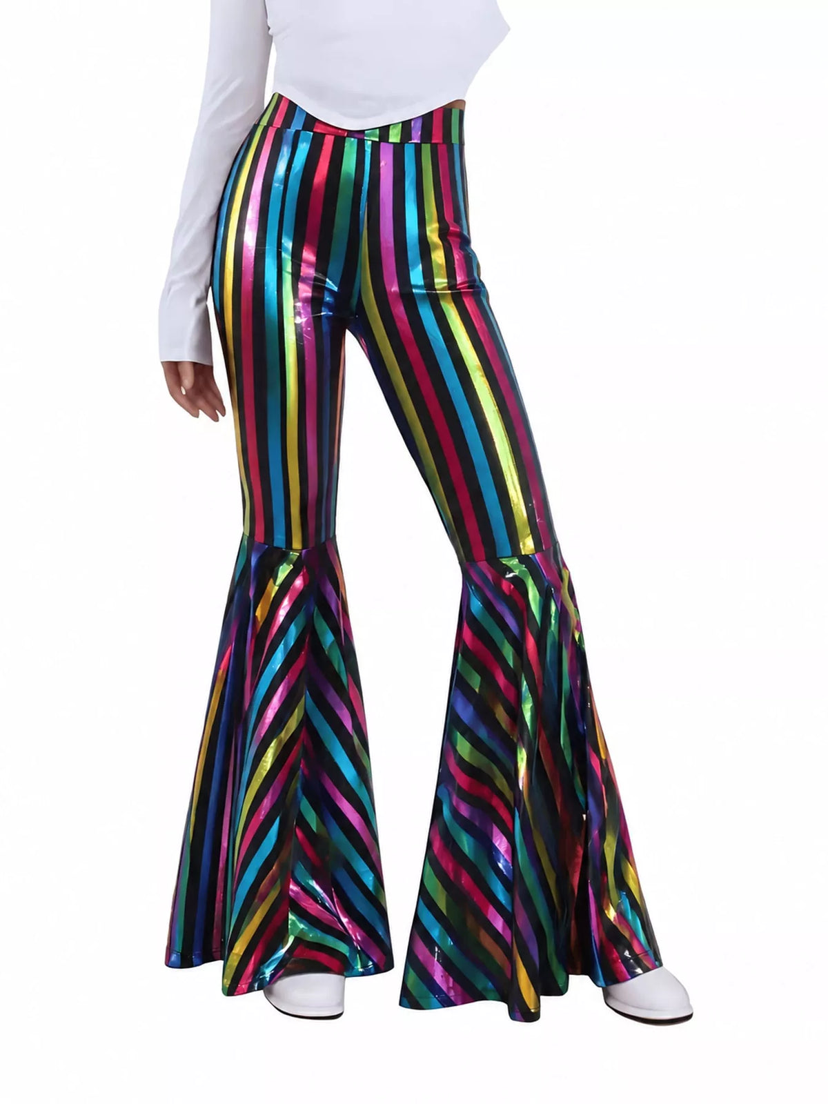 Rainbow striped high-waisted flare pants — front view