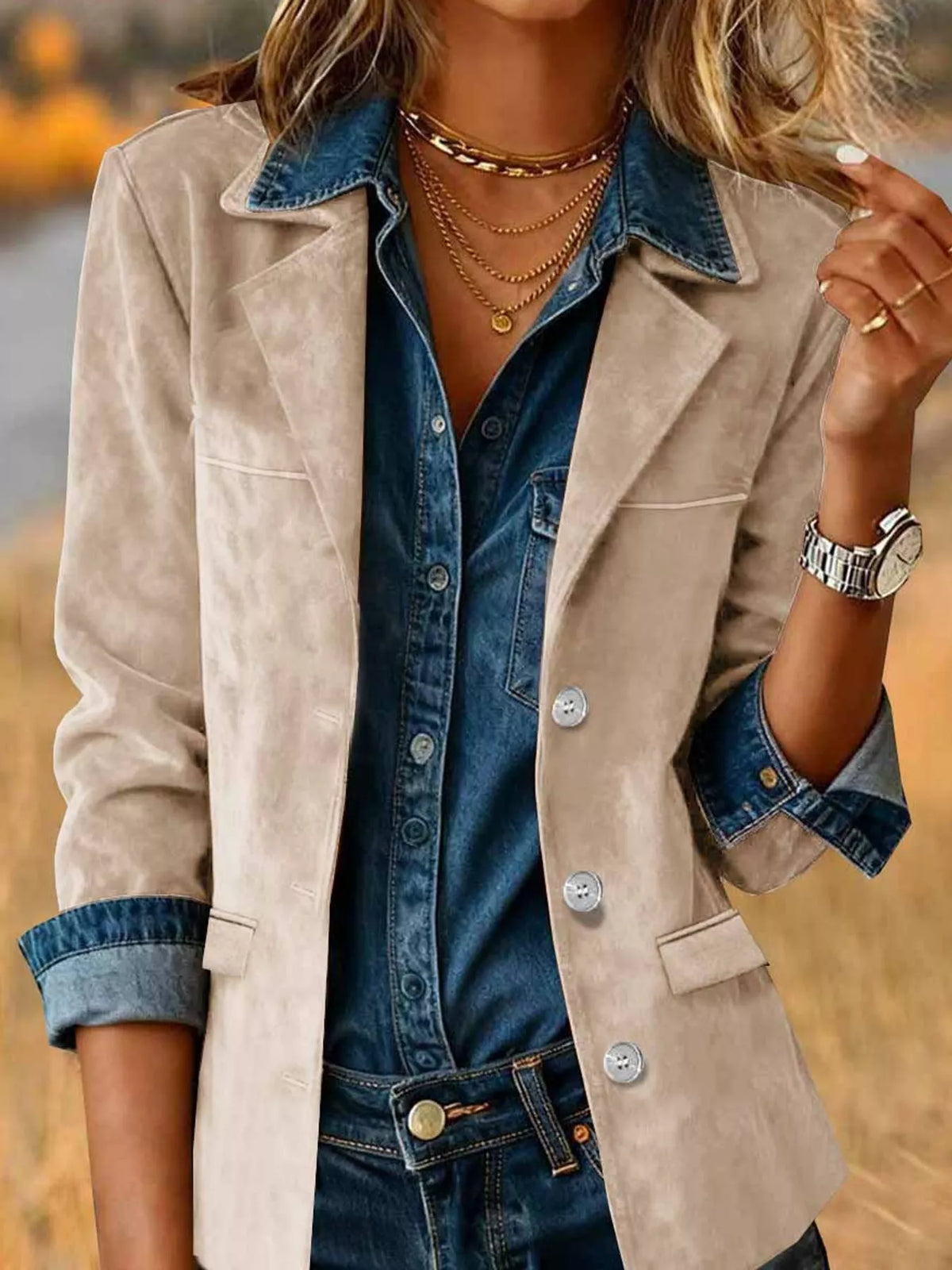 Beige lapel collar button-up blazer — front view