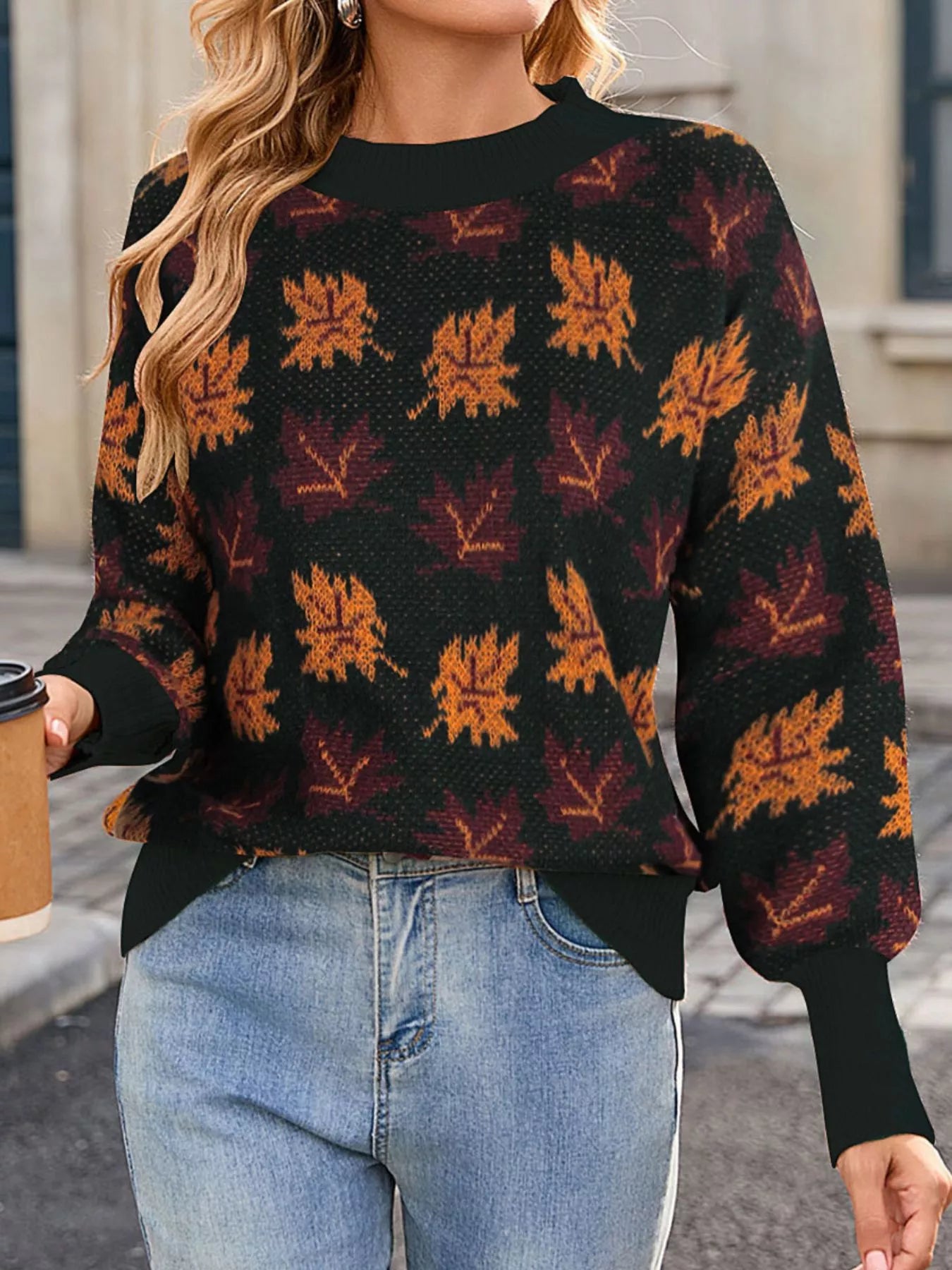 Trendsi Autumn Leaf Pattern Mock Neck Sweater -