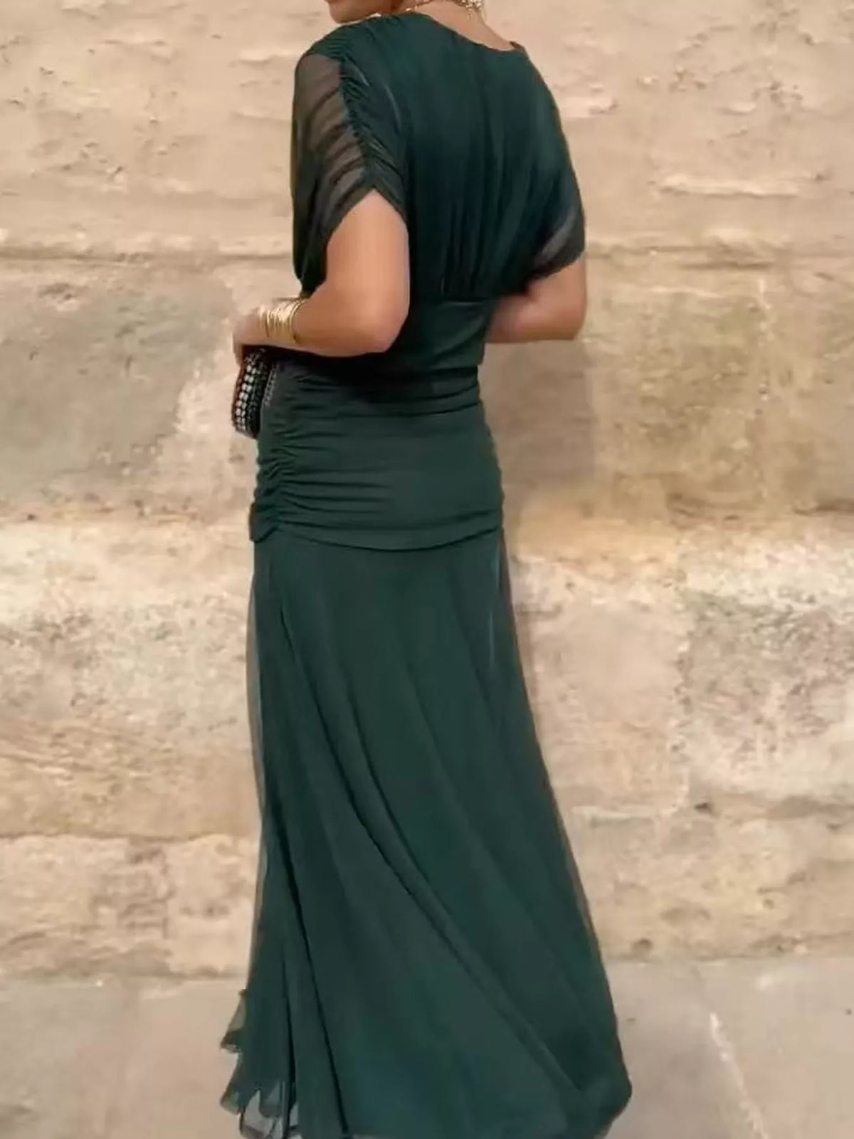 Olive Green ruched dress, back view