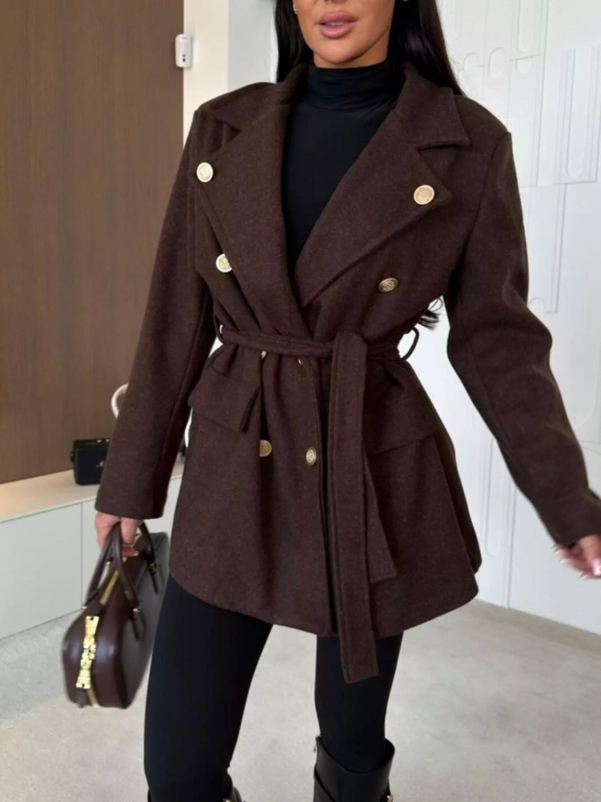 Black double-breasted belted wool-blend coat