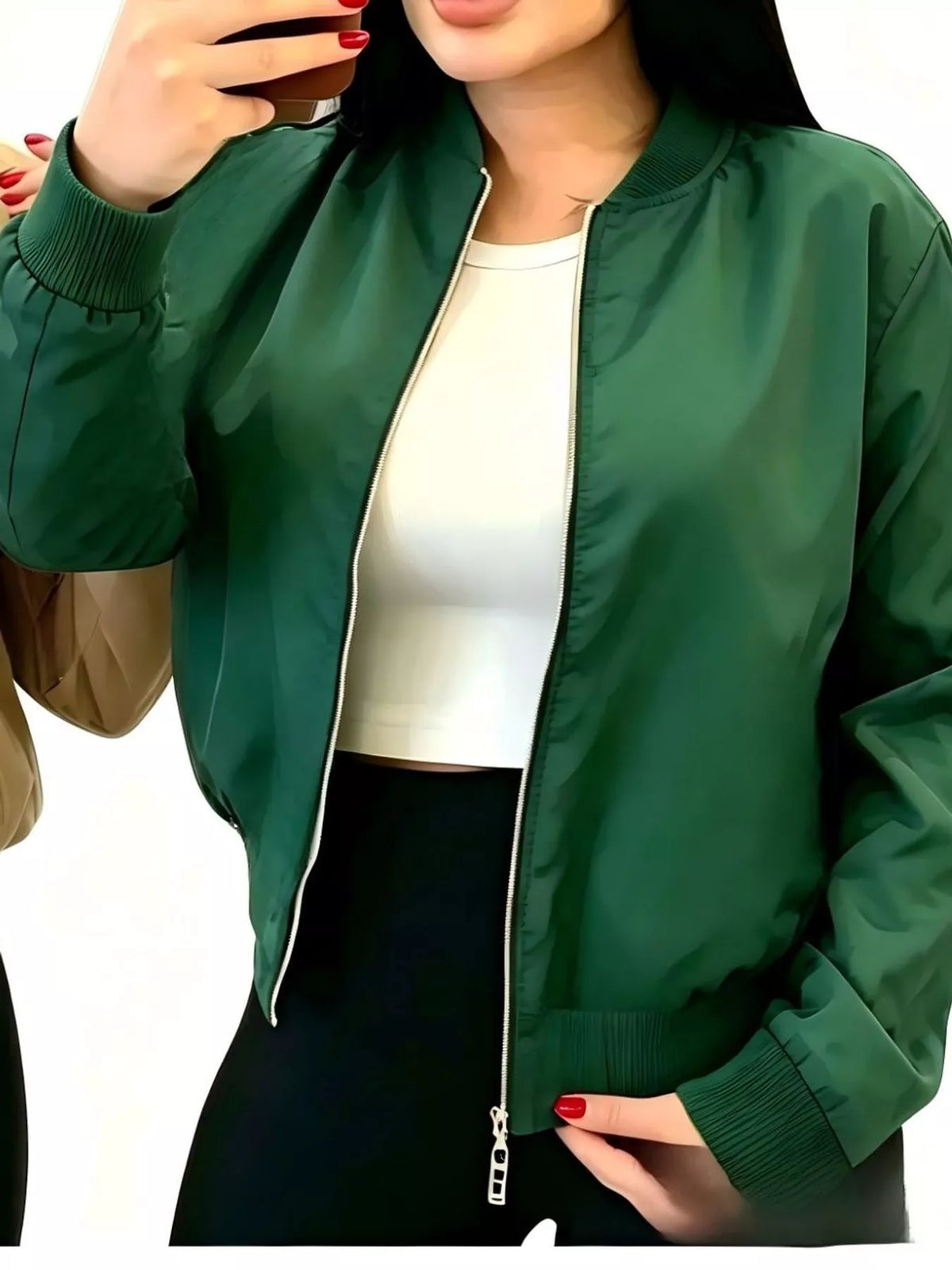 Green zip-up bomber jacket