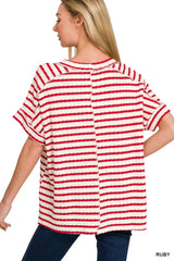 Trendsi Zenana Stripe Jacquard Round-Meck Tee -