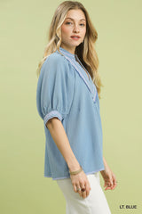 Trendsi Umgee Textured Jacquard Contrast Trim Top -