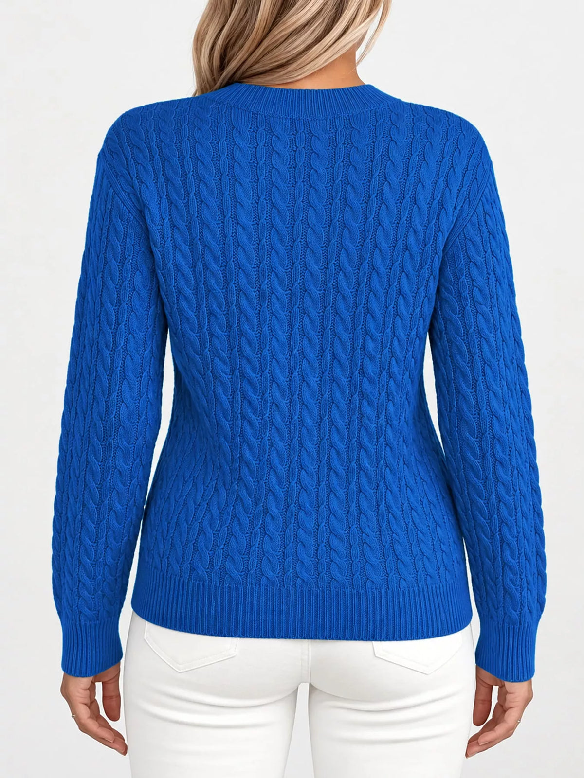 Blue cable knit round neck sweater, back view