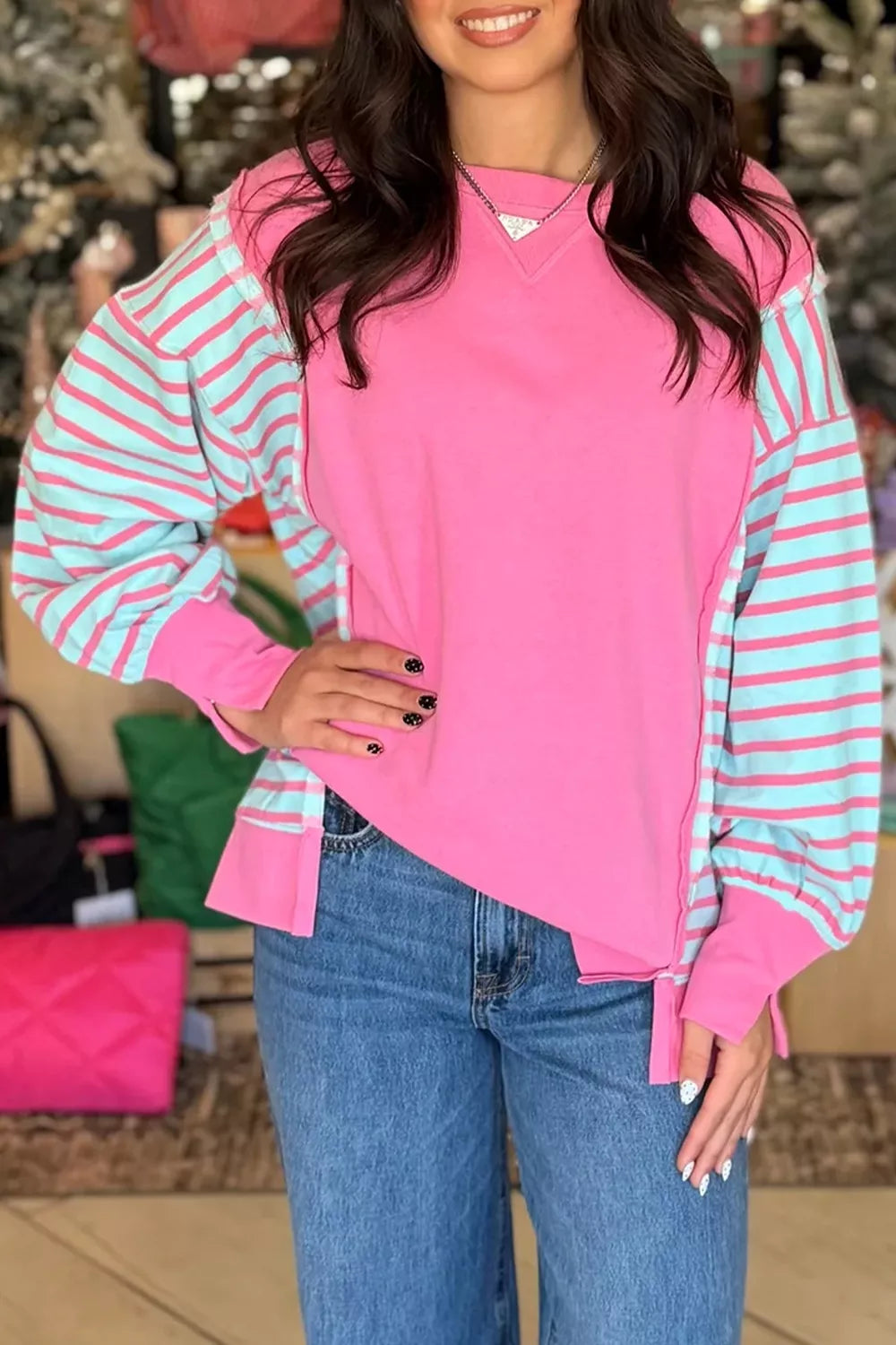 Trendsi Orchid Striped Colorblock Long Sleeve Sweatshirt -