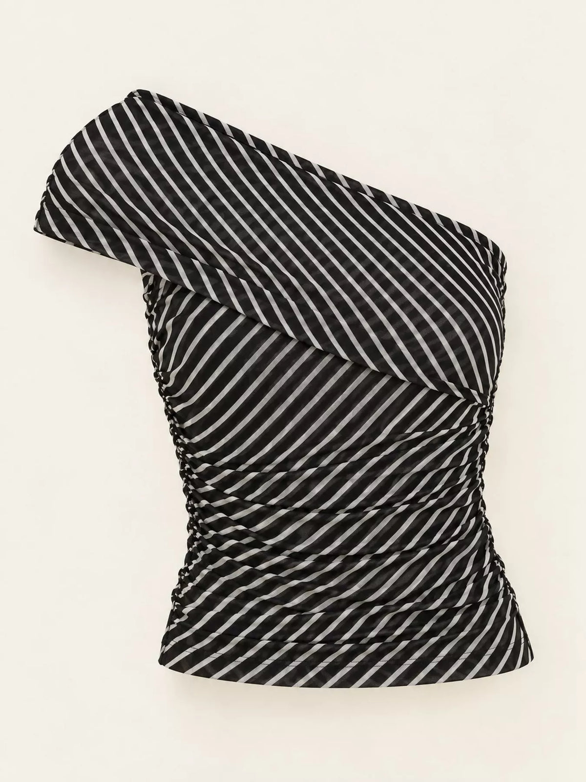 Ruched Striped One-Shoulder Tank Top in black and white striped