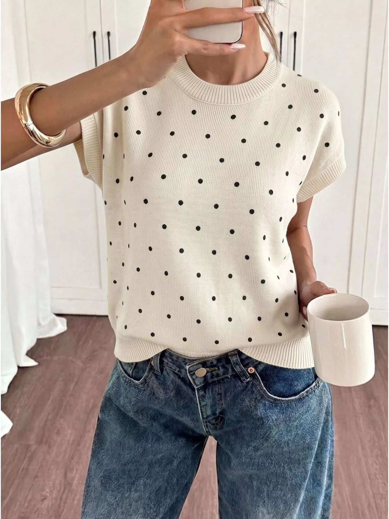 Trendsi Polka Dot Short Sleeve Knit Sweater -