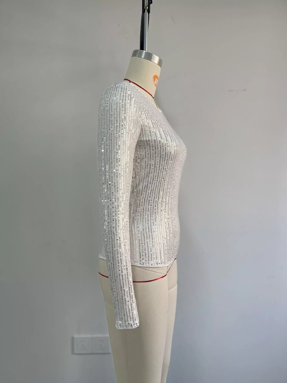 Silver sequin long sleeve crop T-shirt, side product view