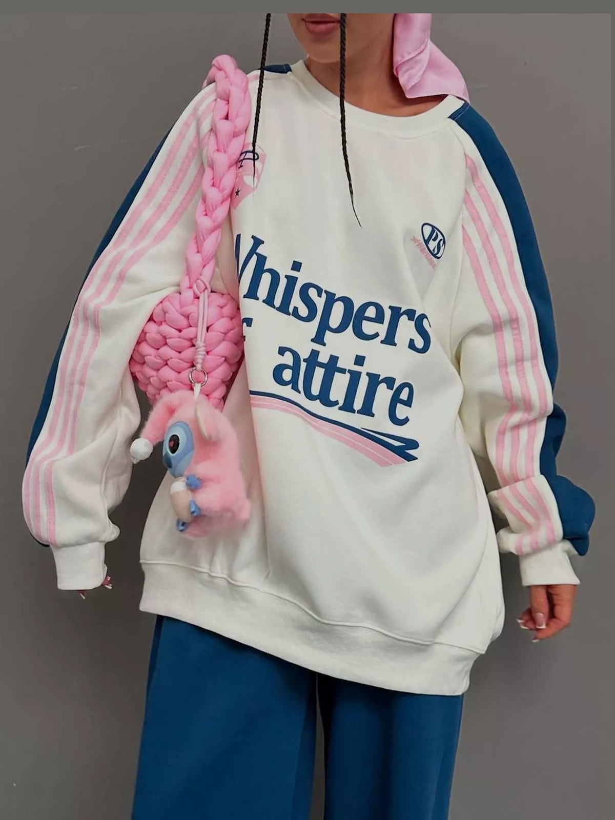 Cream top and navy pants color-block sweatshirt and wide-leg pants set — design and construction details