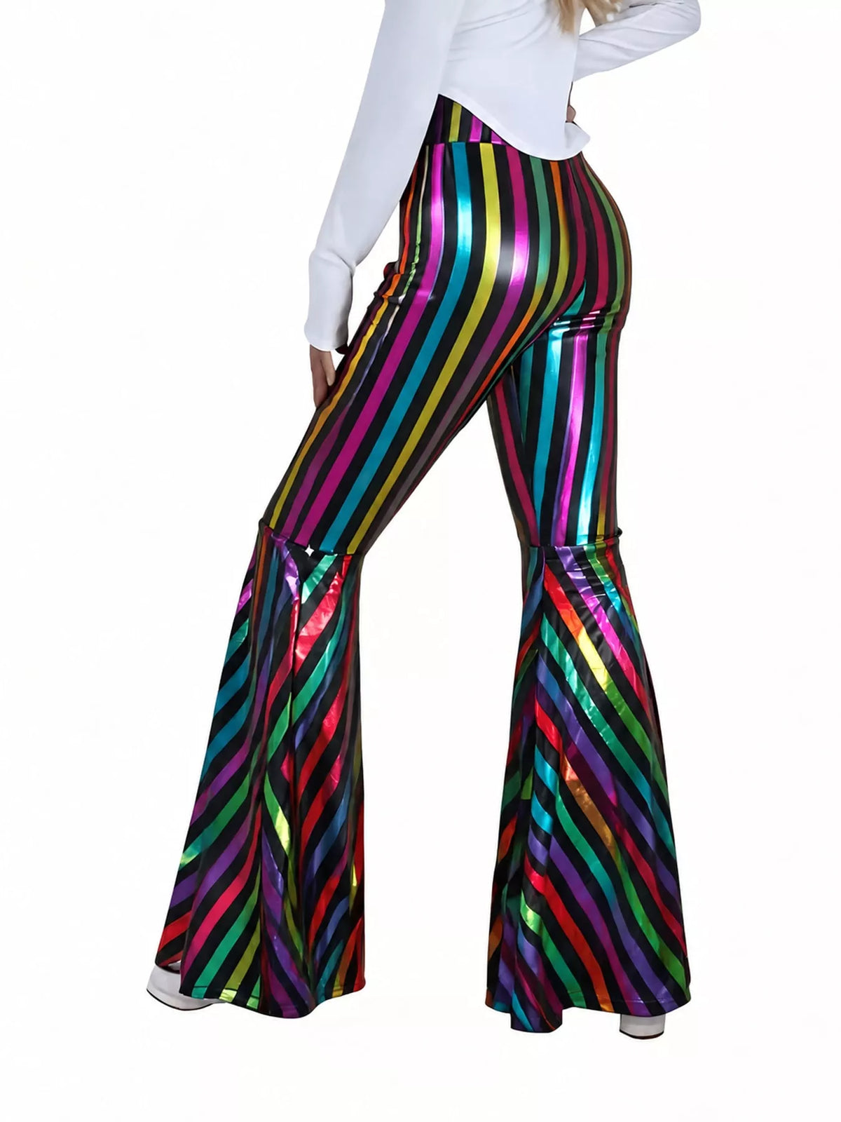 Rainbow striped high-waisted flare pants — back view