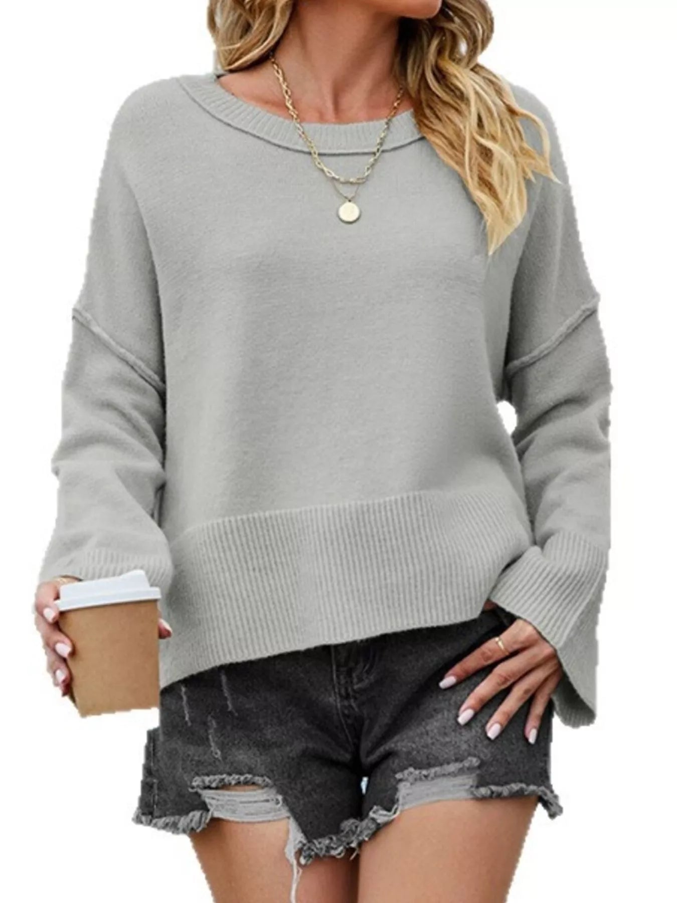 Trendsi Dropped Shoulder Flare Sleeve Sweater -