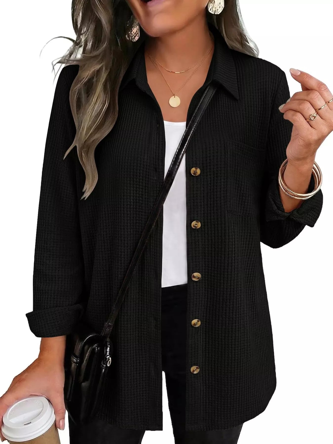 Trendsi Waffle Knit Button-Down Long Sleeve Shirt -