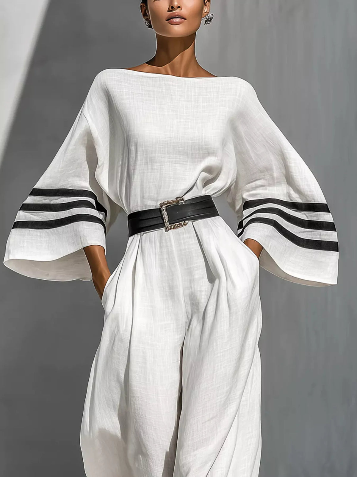 White wide-sleeve jumpsuit with striped trim, bodice and waist detail.